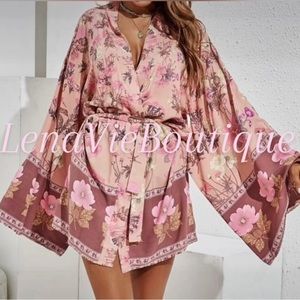 Wild Floral Pink Boho Blooms Gypsy Kimono Robe